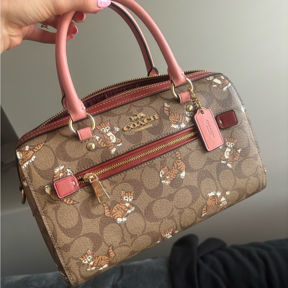Rowan Satchel Bag In Signature Canvas With Dancing Kitten Print